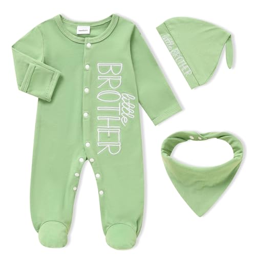 Image of ZOELNIC Newborn Infant Baby Boy Coming Homing Clothes Letter Print Button Knit Footed Romper Jumpsuit Hat Bibs 3pcs Outfit
