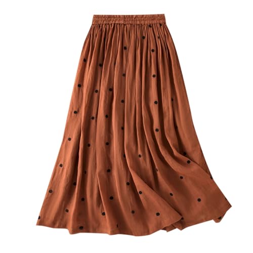 Womens Polka Dot Linen Maxi Skirt Summer Comfy Tiered Elastic High Waisted Aline Flowy Swing Pleated Skirts for Women