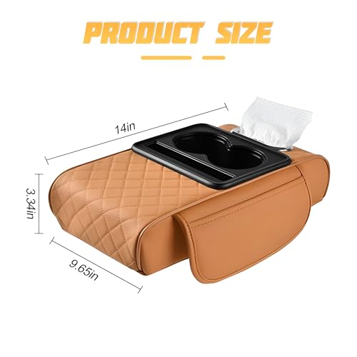 Image of Zpana Car Center Console Armrest Pillow, Memory Foam Leather 4 in 1 Vehicle Arm Rest Cover with Tissue Box 2 Side Storage Bag Cup & Phone Holder, Auto Armrest Cushion, Universal Fit (Orange)