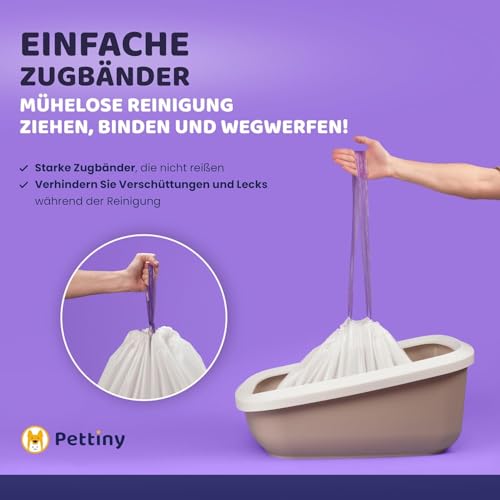 Pettiny Jumbo Katzentoilettenbeutel mit Zugbändern – 20er Pack Kratzfeste Tüten für Riesige Katzentoilette