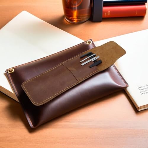 Image of Genuine Leather Pen Pouch, Fountain Pen Case, Desk Holder, Elegant Carrying Sleeve for Ballpoint & Rollerball Pens, Wine Holder, Durable Desk Supply Organizer, Single Pen Wallet, Soft Leather Cover