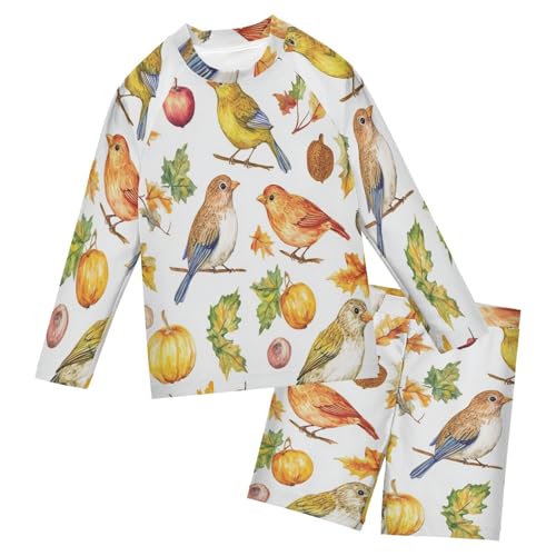 Autumn Bird Pumpkin Boys Swimsuit Rash Guard Toddler Kids Long Sleeve Swim Shirt and Trunks Swimwear Set 3-10Y
