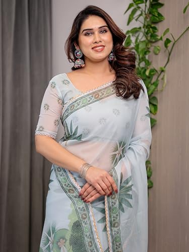 Image of ALMAARI FASHIONWomen's Floral Printed Organza Saree with Unstitched Blouse Piece | Traditional Ethnic Wear Sarees | Soft Lightweight Ethnic Office Wear Daily Wear Indian Sari (ORGANZA 121-130 H)