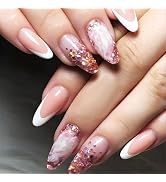 White French Tips Press on Nails Marble Acrylic Fake Nails 24 Pcs Medium Almond Glossy Purple Gli...