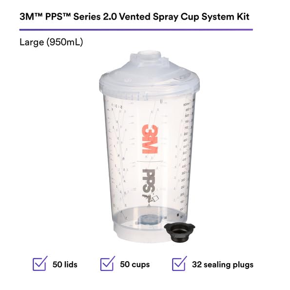 Image of 3M PPS Series 2.0 Vented Spray Cup Kit, Large, 26264, Ready to Use Vented Cup, Includes 32.1 fl oz Cup, Lids with a 200 Micron Filter Built in for Easy-to-use for Automotive