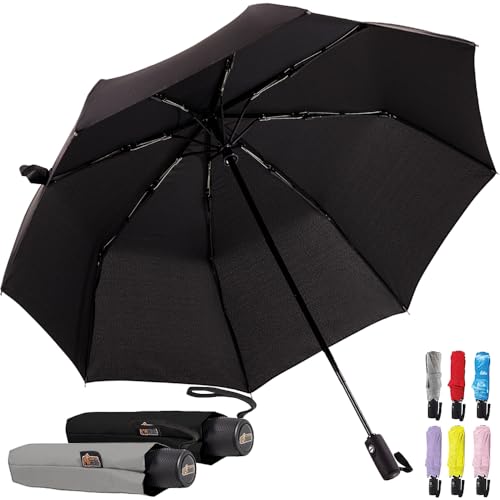 Image of GORILLA GRIP Compact Travel Size Umbrella for Rain, 2 PK, Sleek Design Fits Backpack, Purse and Carry On, Lightweight Under 1lb, One Click Open and Close, Wind Resistant, Waterproof, Black Gray
