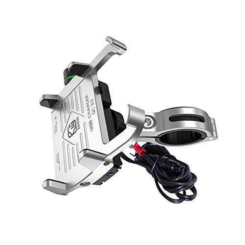 Verstelbare Motorcycle Phone Holder stuurmontage 360 ​​° Rotating Premium Aluminium Phone Beugel met USB-oplader, (zilver), zhibeisai
