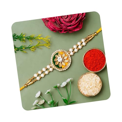 Image of eCraftIndia Red & Golden Set of 5 Om Symbol and Lord Ganesha Designer Religious Rakhi with Roli Chawal Pack
