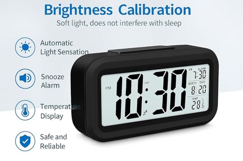 Image of Hiply Digital Alarm Clock with Large LCD Display, Auto Brightness Sensor, Dual Alarm Snooze Function, Date Day Temperature Display - Compact Bedside Table Clock for Bedroom, Office & Travel