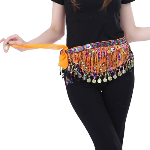 Bailinks Sciarpa per Danza del Ventre con Paillettes,Gonna Avvolgente Chiffon con Monete per Danza del Ventre,Lezioni di Yoga e Spettacoli - Cintura Sciarpa da Danza del Ventre per Donne(Arancione)