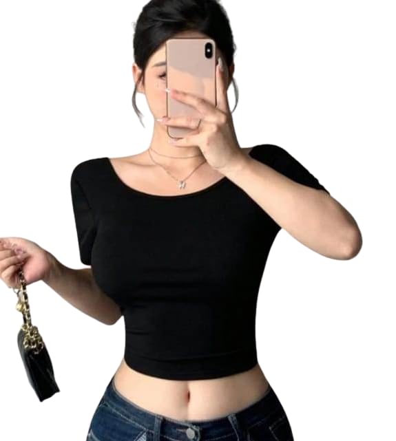 Women Korean Boat Neck Crop Top for Women, Back Bow Strap Design, Short Sleeve, Slim Fit Stretchable, Black Lycra Fabric-picture-29