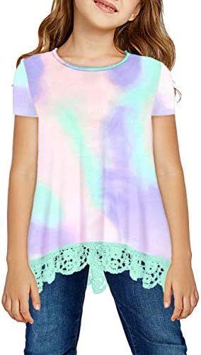 storeofbaby Short Sleeve T Shirt Girl Tie Dye Tops Lace Hem Colorful Blouse