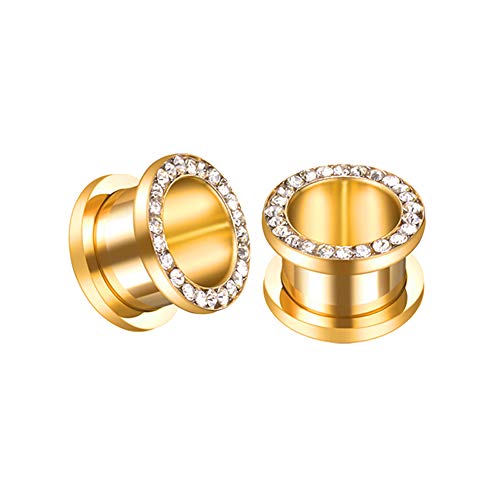 14K Gold Plated Crystal Rhinestones CZ Ear Tunnels Plugs Expander Gauges Stretcher Earrings Screw Stainless Steel Hypoallergenic Body Piercing Jewelry Personalized Gifts Men Women Bff (00g(10mm))