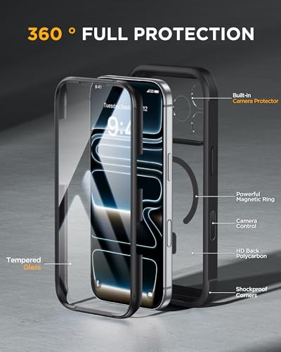 Image of Miracase for iPhone 17 Pro Case 6.3 inch, Full-Body Bumper Military Drop Protection Outdoor Phone Case with Built-in Glass Screen & Full Camera Protector,Camera Control,Compatible with MagSafe,Black