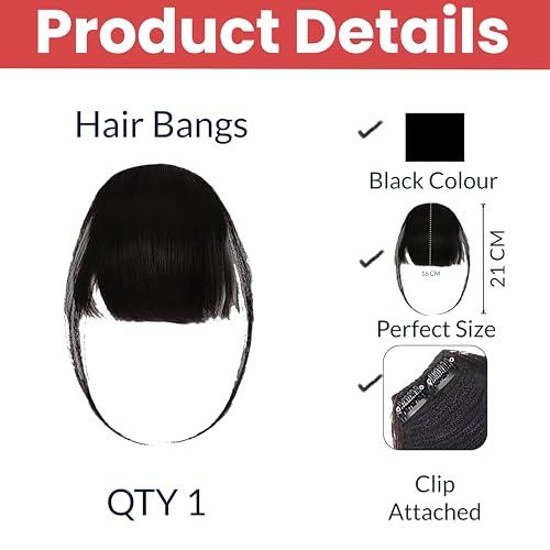 Image of Temperia Front Bangs Hair Extensions for Women & Girls - Fake Fringes Clip on Bangs - Front Hair Patch Accessories - Black - 1 pcs