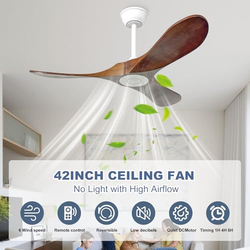 Image of 42'' Outdoor Ceiling Fan no Light,Solid Wood Ceiling Fan with Remote Control,Quiet and Reversible DC Motor with Large Airflow for Living Room,Patios,Gazebo (White+Dark Walnut)