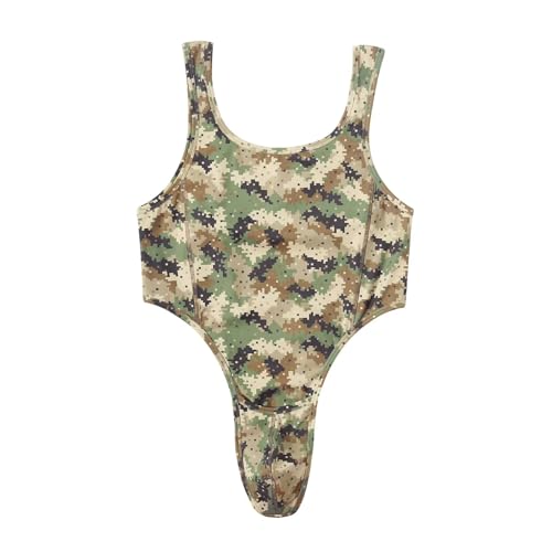 Mens Camouflage Bodysuit Deep U Neck Sleeveless Tank Top Adult Men's Leotard Romper for Adults
