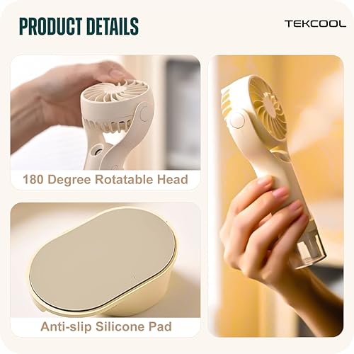Image of TEKCOOL Mini Handheld Fan, Brushless Motor Portable Hand Fan with Lanyard, 3 Speeds Small Fan, USB Fan Rechargeable for Indoor and Outdoor Use by Women and Men, Table Fan Base Included (Mist White)