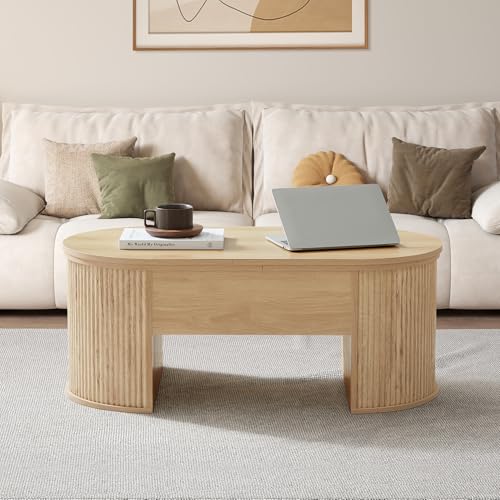 Image of QHITTY Fluted Coffee Table with Lifting Top, Oval Wood Lift Top Coffee Table with Hidden Compartment, Mid Century Pull up Center Tables for Living Room, Office - Natural