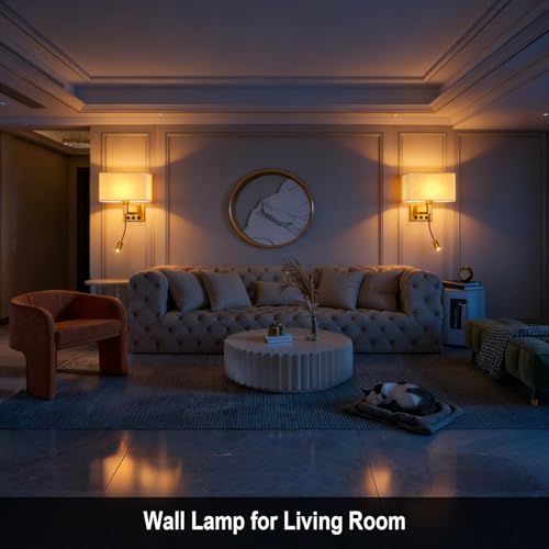 Image of Bedroom Wall Sconces, Hardwired Wall Lamp with USB and Reading Lamp Fabric Shade Bedside Wall Lights with Reading Lamp for Bedroom Living Room Hotels Corridors (Brass)