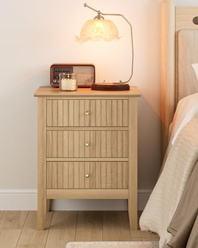 Image of Fluted Nightstand, Farmhouse Night Stand with 3 Drawers, Mid Century Modern Side Accent Table,Bedside End Table for Bedroom, Living Room, Natural
