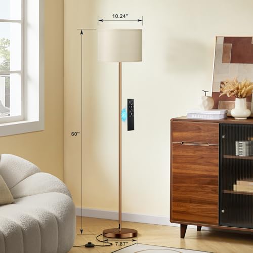 Image of Ambimall Floor Lamps for Living Room with Remote Control and Stepless Dimmable Colors Temperature & Brightness, 9W Bulb Included(Beige Lampshade & Brown Pole)