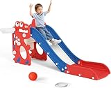 Tobogán para niños, tobogán grande con cesta de baloncesto, marco de escalada para jardín, telescópico, espacio de almacenamiento, para 1 a 3 años, extra largo 1700 mm (rojo y azul)