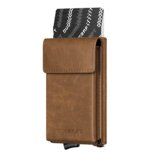 DUGRAFT Portefeuille porte-cartes avec grande poche à monnaie sécurisée, bloquant RFID homme de étui à cartes de crédit pop-up minimaliste et mince en métal d'aluminium avec boîte cadeau(Marron clair)