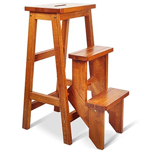 Giantex 3 Tier Folding Step Stool, Multifunction 3-in-1 Wood Step Stool, Portable Seat