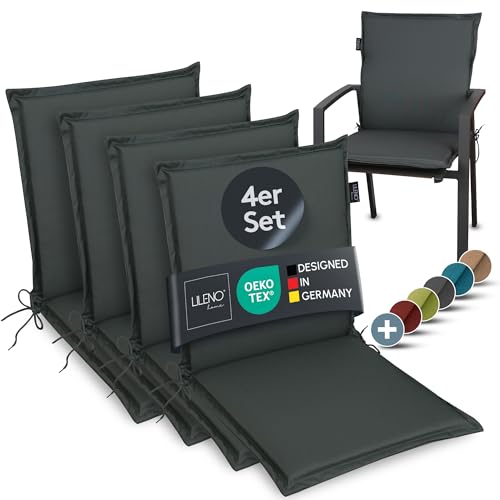 LILENO HOME Gartenstuhl Auflagen [4er Set - Niedriglehner] in Anthrazit - Bequeme Liegen als Sitzauflagen für Gartenmöbel - Stuhlkissen für Gartenstühle und Klappstühle MIA