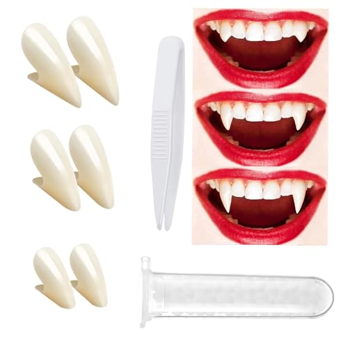 Denti da Vampiro, 3 Paia Zanne da Vampiro per Halloween, 3 Formati (13mm, 15mm, 17mm) Denti Vampiro Adulto Con 1 Tubo di Palline Adesive, Vampire Costume Accessories for Halloween Party