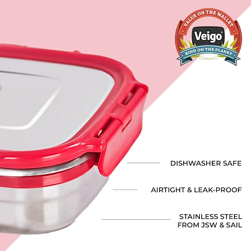 Image of Veigo Original Set Pack of 3 Stainless Steel Airtight & Leakproof Medium Lunch Box with Silicon Ring & Polymer Frame for Re-Heating|Safe Lid Lock|Square (330ML) Red