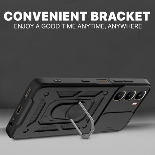 Image of Pikkme Back Cover for Infinix Hot 60 5G | 360 Protection Case | Sliding Camera Shield Cover & Ring Holder Stand D10 Tough Armor Bumper Case (Black)