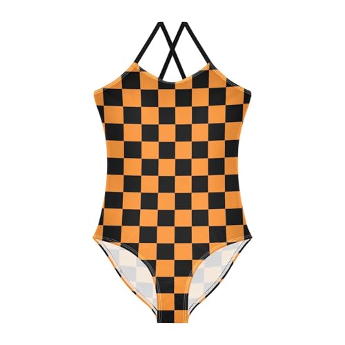 Image of Black and White Chess Girls One Piece Swimsuits Board Marble Tile Sport Halter Swimwear Beach Bathing Suit 3T