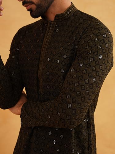 Image of SOJANYA Men's Coffee Brown Cotton Blend Kurta with Intricate Embroidery & Subtle Sequin Work