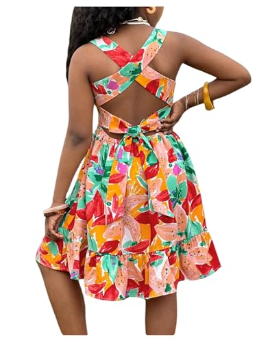 Girl's Tropical Bowknot Open Back Vacation Dresses Smocked Cut Out Sleeveless Flowy Short Dress