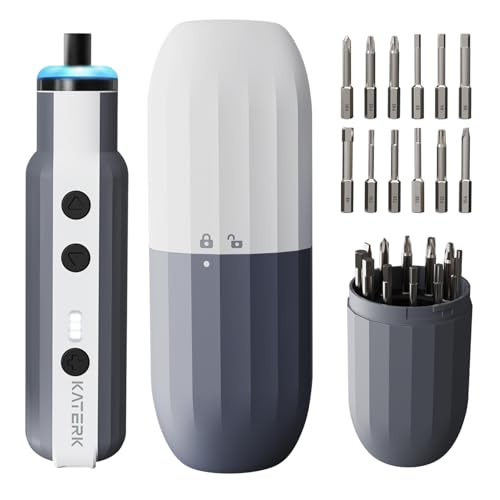 Katerk Christmas Gift for DIY, Premium Driver, Cordless Electric Screwdriver, Sleek White Mini Power Tool, Adjustable Torque, Extended Runtime, LED Light & 12 Bits, Home Repairs and Stocking Stuffers