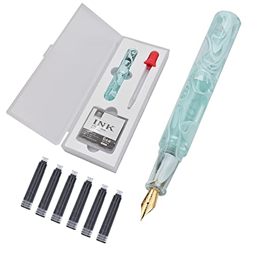 Sipliv Mini Resin Acrylic Fountain Pen Fine Nib Travel Pocket Pen, Writing Pen Case Set Eyedropper Ink Bottle Filling With 6 Black Cartridges Set - Transparent Green Swirls Pattern #TOP21