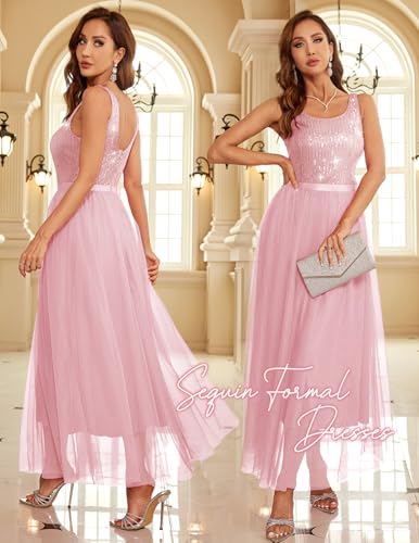 Image of BeryLove Sequin Dress for Woman Vintage A Line Wedding Formal Swing Mesh Dress Sleeveless Cocktail Maxi Gowns