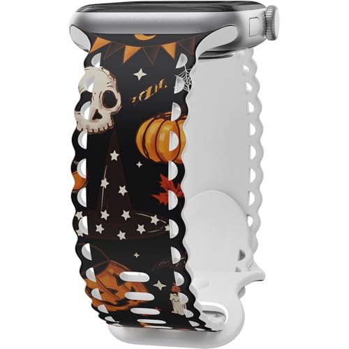 Image of Compatible with Apple Watch Band 41mm 40mm 38mm 49mm 45mm 44mm 42mm Women Girl, Halloween Hollow Soft Silicone Sports Strap For iWatch Ultra SE Series 10 9 8 7 6 5 4 3 2, Skull Pumpkin-42