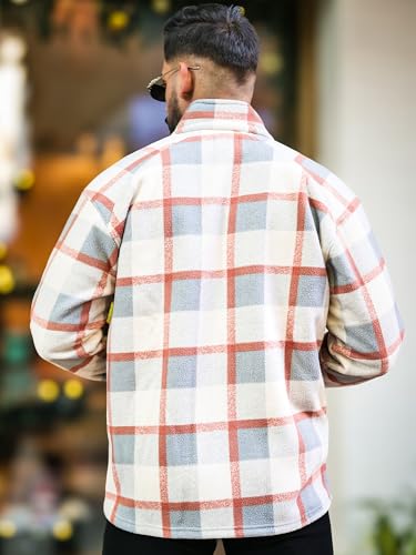Image of Maniac Mens Checkered Full Zipper Fullsleeve Polyester Blend Fleece Shacket for Men