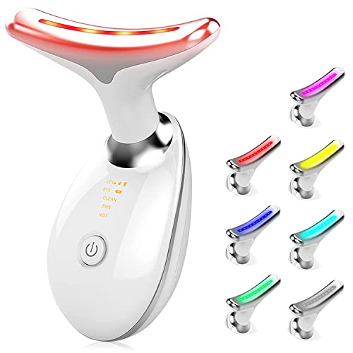 Elektrisches Massagegerät,Rotlichttherapie für Gesicht,Festigende Falten-Entfernungsgerät für Hals,EMS Gegen Falten Anziehen Schrumpfen Antialterung Gesichtsmassagegerät. (7 Farbige LED-Modi-Weiß)