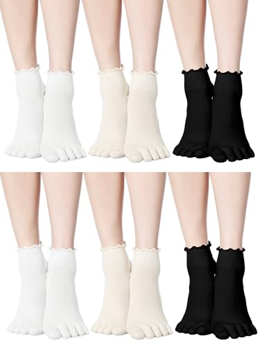 Image of Fourluoo 6 Pair Women Toe Socks Cotton Cute Ruffle Crew Socks with Separated Toes Five Ankle Socks for Women Men Athletic