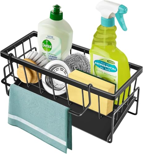 Quick-Dry Sink Caddy, Sponge Holder for Kitchen Sink with Self-Draining Metal Tray, Storage Organizer Rack for Sponge/Dish Soap/Gadgets, 2-Layer Rustproof Brush Holder for countertop - Black
