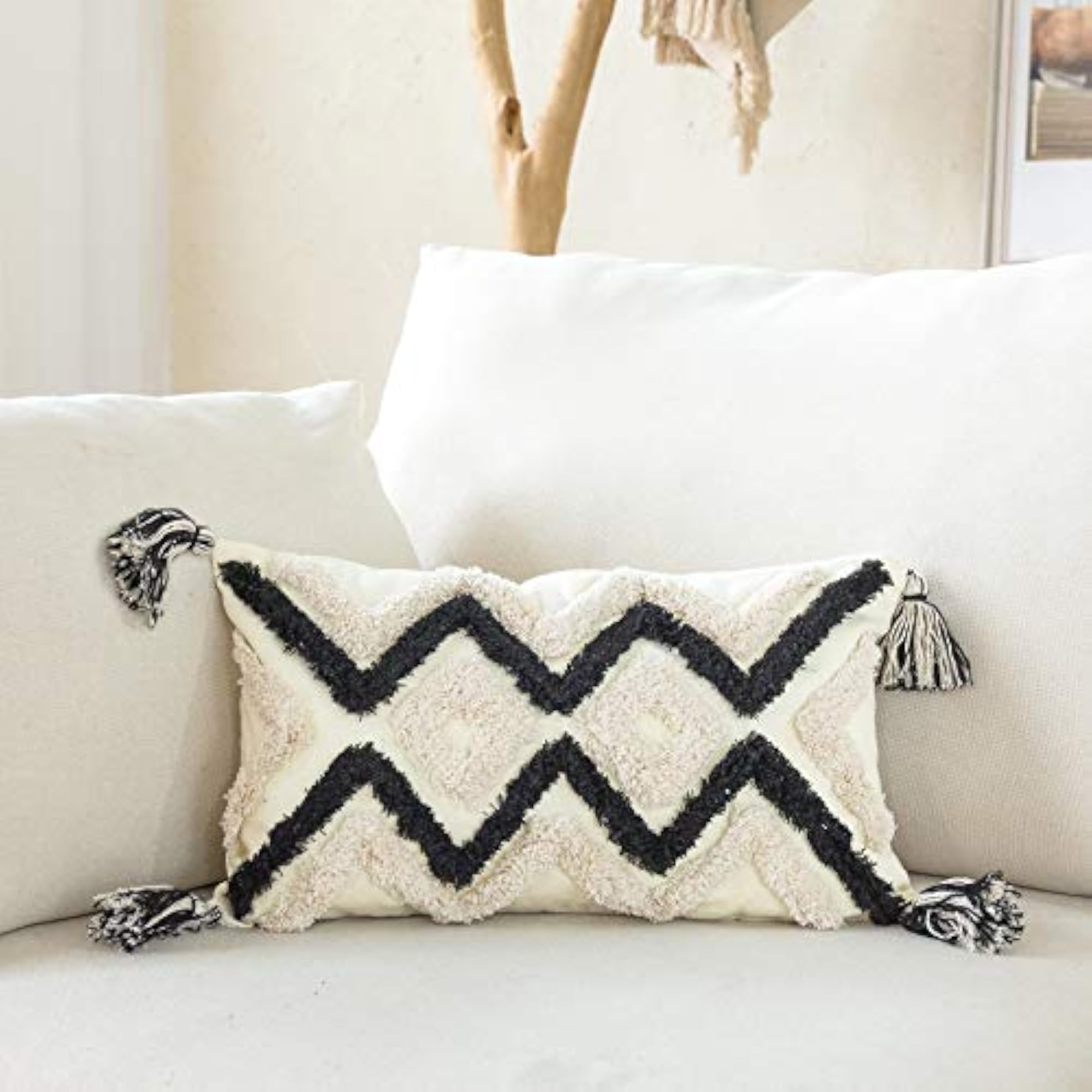 Woven Tufted Boho Lumbar Throw Pillow Cover, Geometric Design