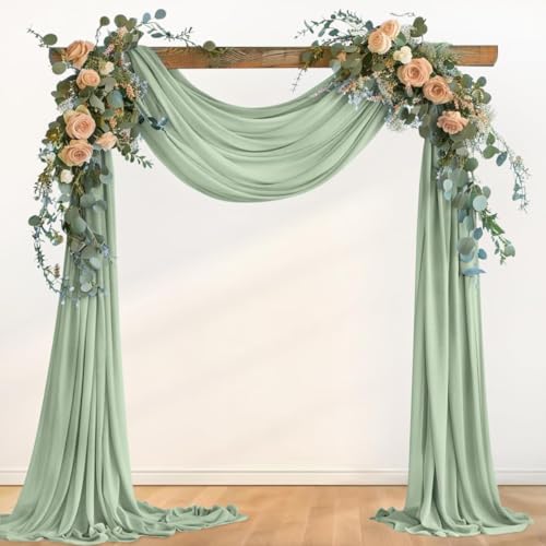 Image of Sage Green Wedding Glitter Arch Draping Fabric 29 inch x 6.5 Yards 2 Panels Sheer Backdrop Curtains Drapery for Summer Wedding Ceremony Birthday Party Indoor Ceiling Decor