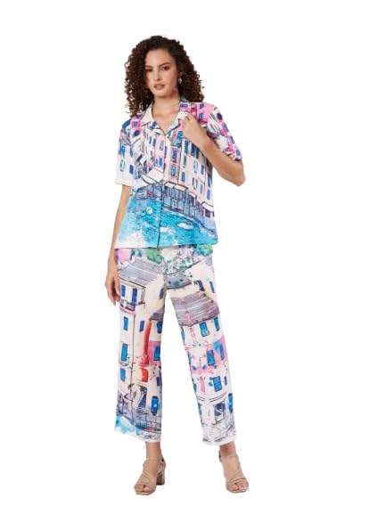 Women's Scenic Printed Shirt & Wide Leg Pants Co-Ord Set | Blue & White Half Sleeve Button Down Two Piece Outfit | Casual, Vacation & Resort Wear-Size XL-picture-15