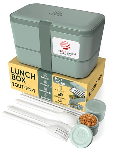 Umami Bento Lunch Box, Couverts & 2 Pots à Sauce Inclus, Boîte Repas Encastrable, Lunchbox Micro-Ondable, Boîte à Lunch Adulte Compartimentée, Bento Box, Vert...