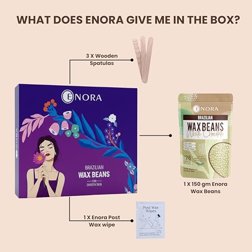 Image of ENORA Brazilian Stripless Wax Beans for Women (150g) | With Wooden Spatula | Natural | For Face, Chin, Hairline, Bikini Area & Full Body Hair Removal (150 Gram, White Chocolate)