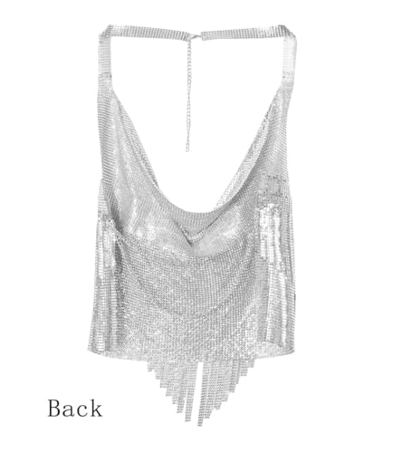 Women's Sparkle Crystal Rhinestone Body Chain Tassels Backless Silver Crop Top Metallic Glitter Halter Sequin Rave Outfit2